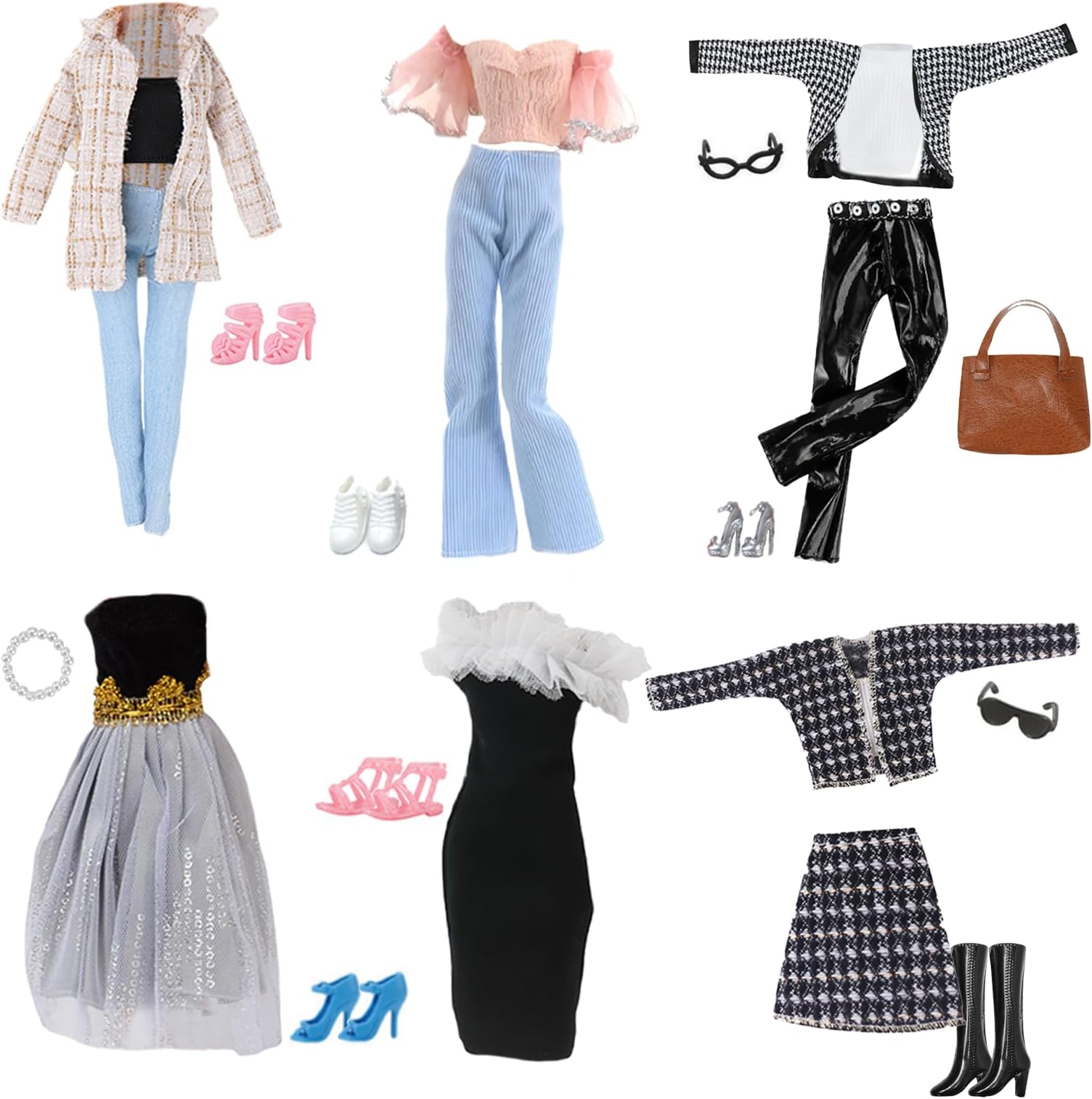 – 16 Doll Clothes Set 3 Stylish Check Coat Set 2 Party Dresse 1 Short Sleeve Pants 1 Bag 1 Neck Accessorie 2 Eyeglasses 1 Boots 5 Shoes for 11.5 Inch Dolls Girls Gift Random
