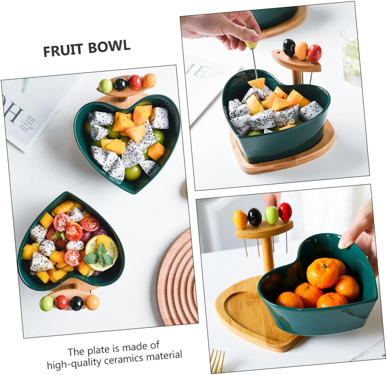 Ceramic Heart-shaped Fruit Bowl with Forks 1pcs Green Porcelain Salad Serving Dish for Household Kitchen Dining and Snack Use