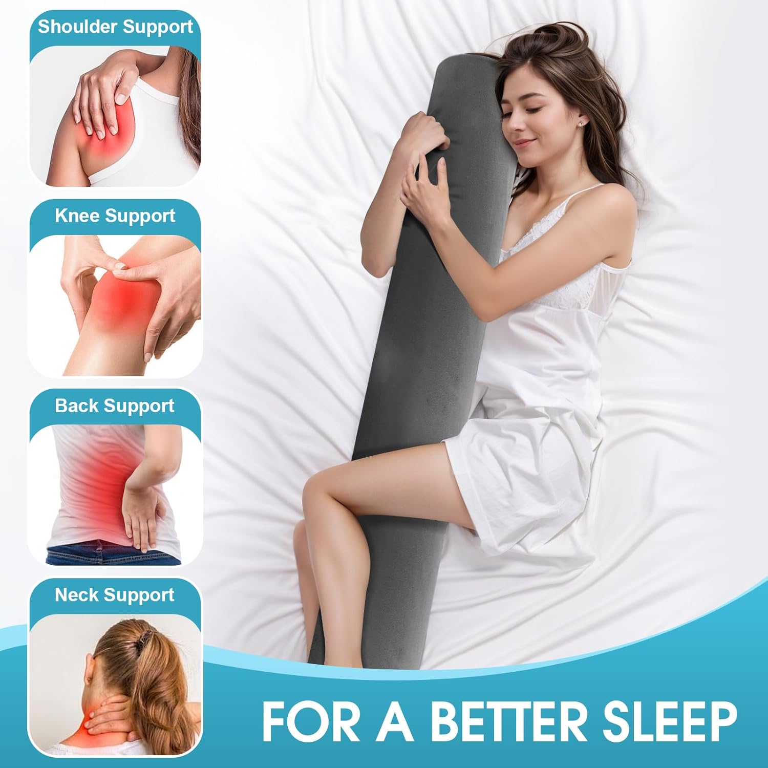 Memory Foam Body Pillow for Bed, Long & Big Full Body Pillows for Adults, Multifunctional Bolster Pillows with Removable & Washable Velvet Cover, Cylindrical Side Pillow (35.43"*7.9") - Image 6