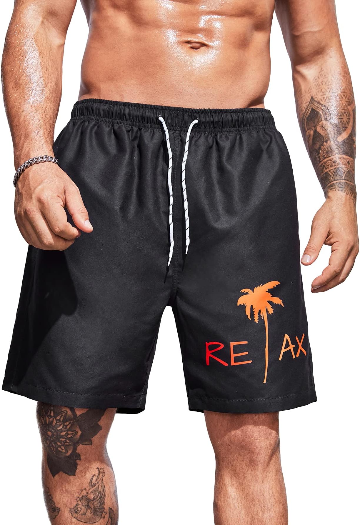 FloernsMen's Graphic Print Drawstring Waist Swim Trunks Beach Shorts Swimwear