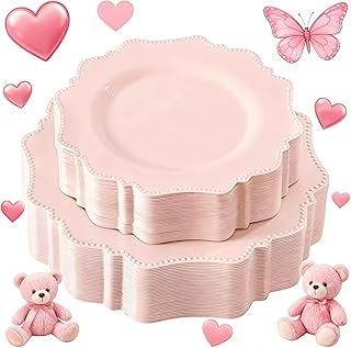 COLOSUS Disposable Pink Party Plastic Plates Set, 60 Pack (30 Guest) Dinner & Salad/Dessert Plate for Spring Wedding Birthday Party Dinner,Easter Day party plates