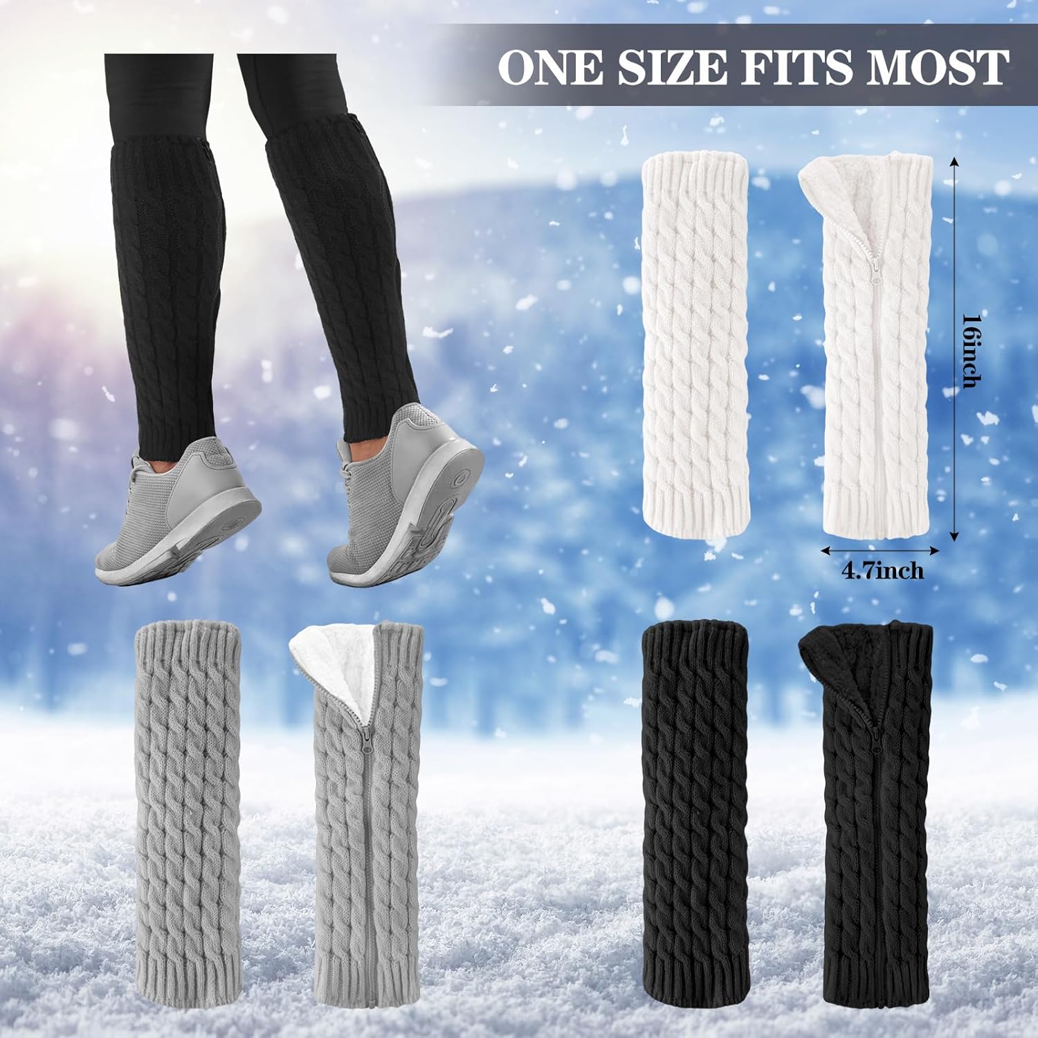 3 Pair Leg Warmers for Women Ice Skating Figure Skating Winter Zipper Knit Fleece Lined Warmer - Image 2