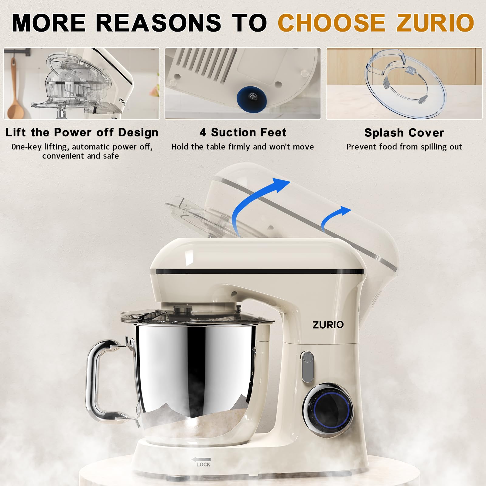 Robot Patissier 1300w Zurio 5.5L Batteurs Et Robots Portable à 10 Vitesses Avec Fonction De Silencieuse, Avec Accessoires Crochet à PâTe, Fouet, PéTrin Argent (Cream)