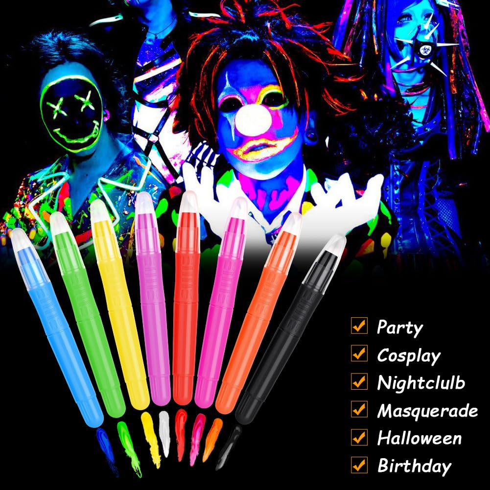 URAQT Farby do twarzy dla dziecko, 8 kolorów fluorescencyjnych UV, bezpieczna nietoksyczna farba do ciała i twarzy, brzucha ciążowego, na Halloween, święta, Cosplay