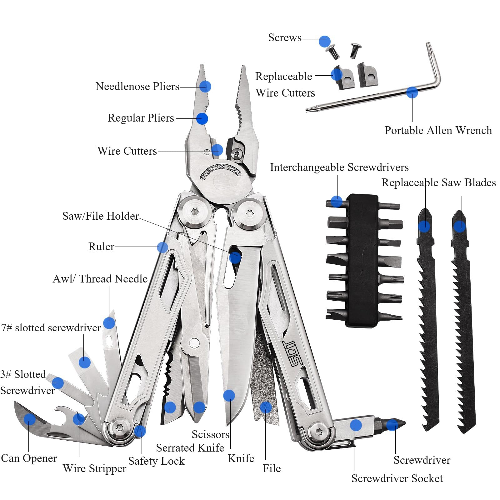 SQT 20 en 1 Outil Multifonction en Acier Inoxydable, Pince Multifonction avec Scie & Tournevis, Parfait pour Randonnée, Réparation et bricoler, Cadeau Papa Cadeau Homme, étui nylon inclus, 2045