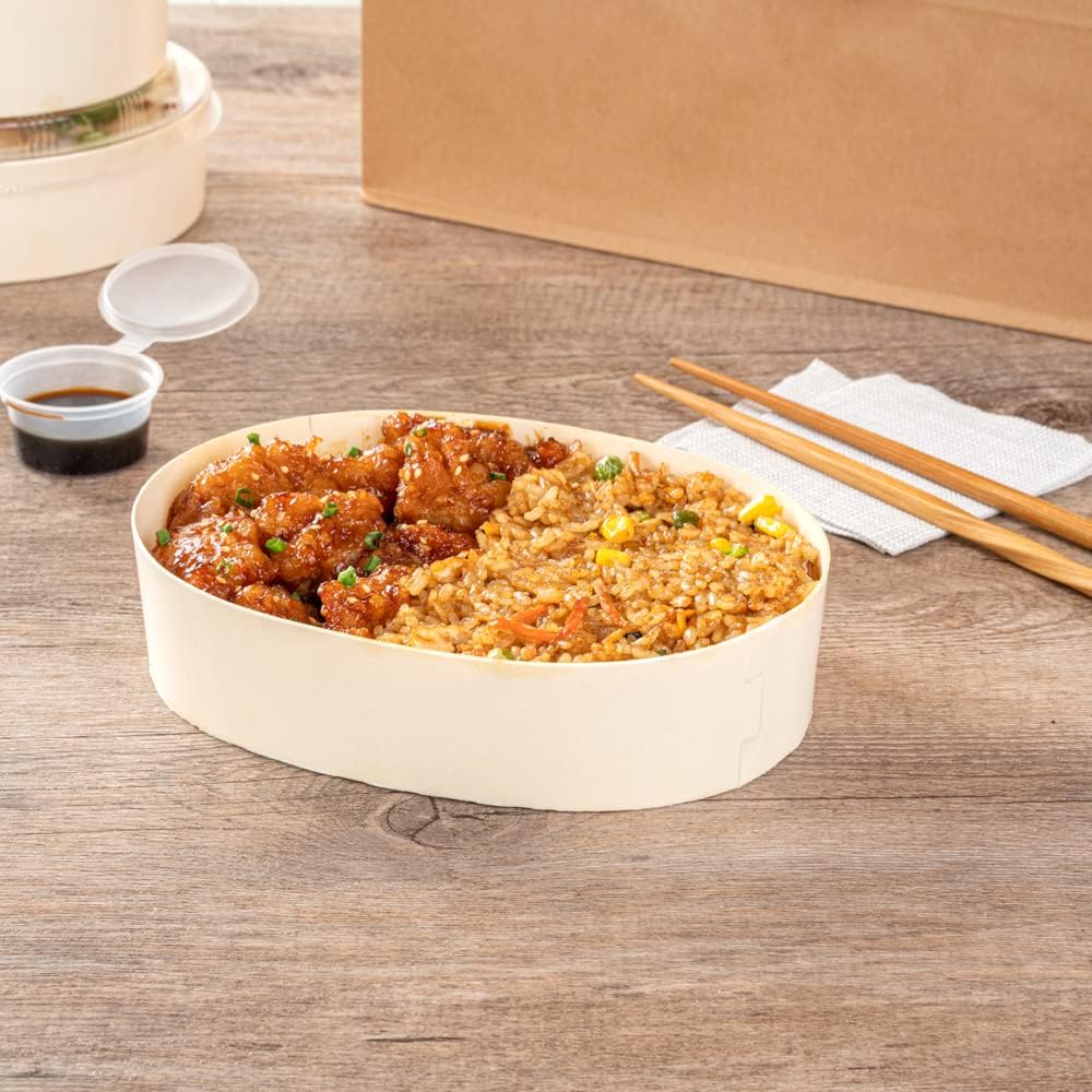 Restaurantware Taipei 38 Ounce Food Containers 100 Oval Wooden Bento Boxes - Lids Sold Separately Grease Impermeable Poplar To Go Boxes Disposable Serve Noodles Dumplings And More