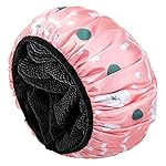 Aquior Shower Cap,Extra Large Triple Layer Bathing Cap with Dry Hair Function for Women Microfiber Terry Cloth Silky Satin 100%% Waterproof Reusable Long Hair Bath Caps (Pink Flora)