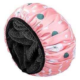 Aquior Shower Cap,Extra Large Triple Layer Bathing Cap with Dry Hair Function for Women Microfiber Terry Cloth Silky Satin 100%% Waterproof Reusable Long Hair Bath Caps (Pink Flora)
