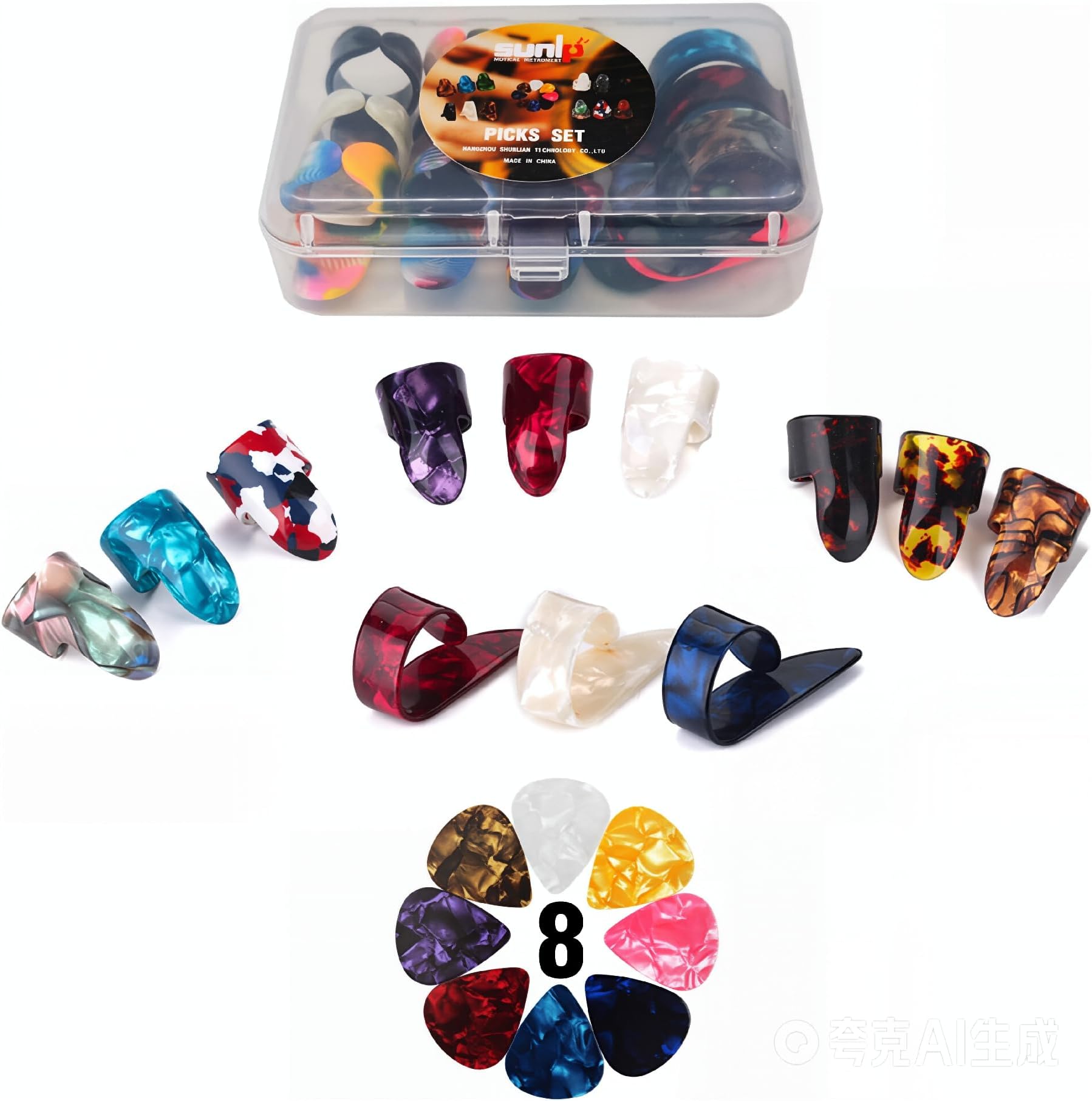Celluloid Guitar Thumb Finger Picks Set (3 Pairs) with Case, Bonus 8pcs 0.46mm Mixed Color Picks for Mandolin Banjo