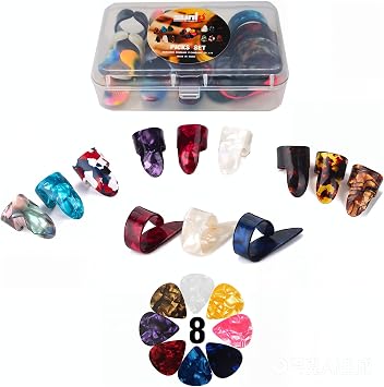 Celluloid Guitar Thumb Finger Picks Set 3 Pairs with Case | Bonus 8pcs Picks - Fit Acoustic & Electric Guitars, Banjo, String Instrument Accessories