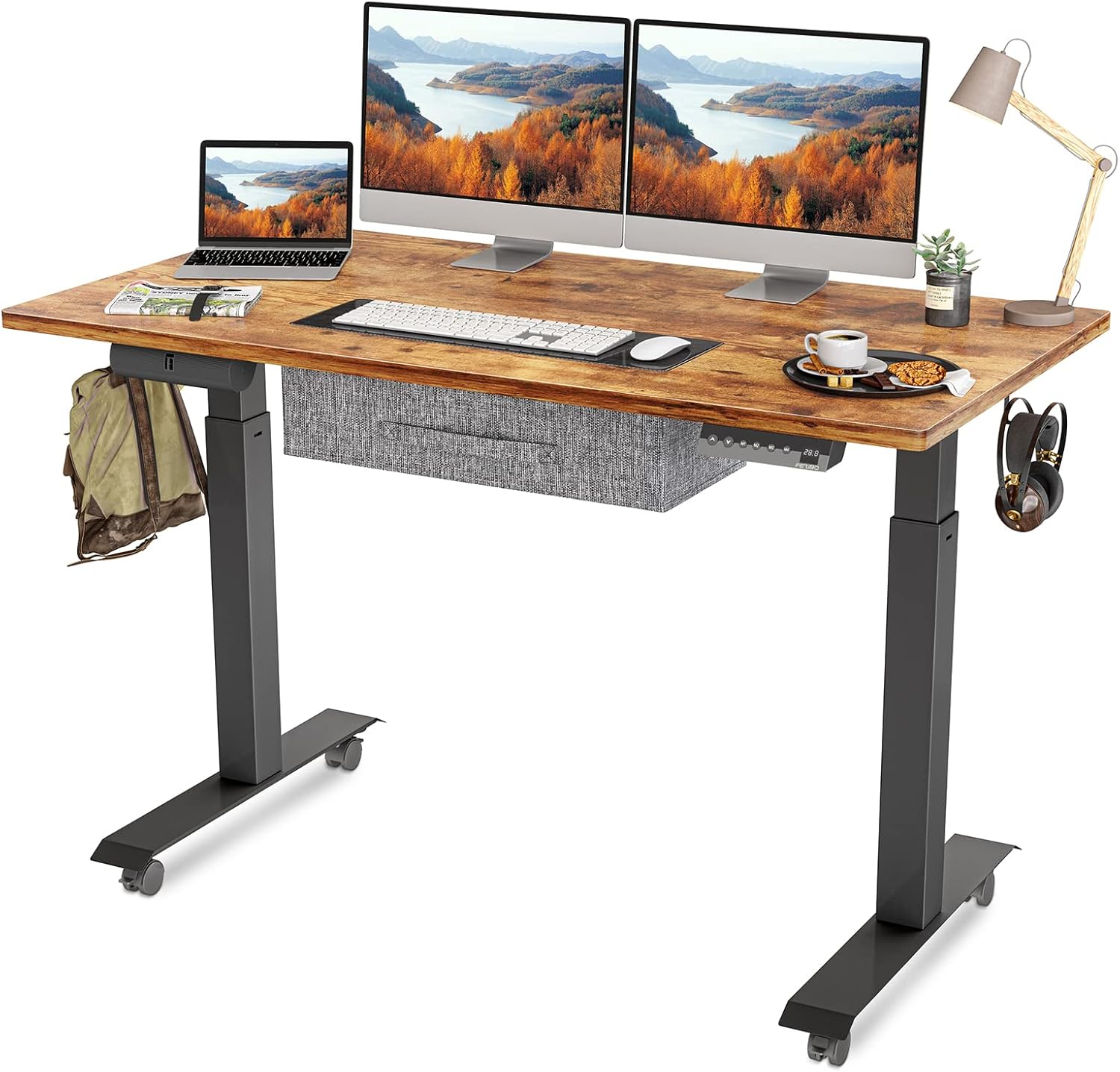 FEZIBO Standing Desk with Drawer, Adjustable Height Electric Stand up Desk, 55 x 24 Inches Sit Stand Home Office Desk, Ergonomic Workstation Black Steel Frame/Rustic Brown Tabletop : Home & Kitchen