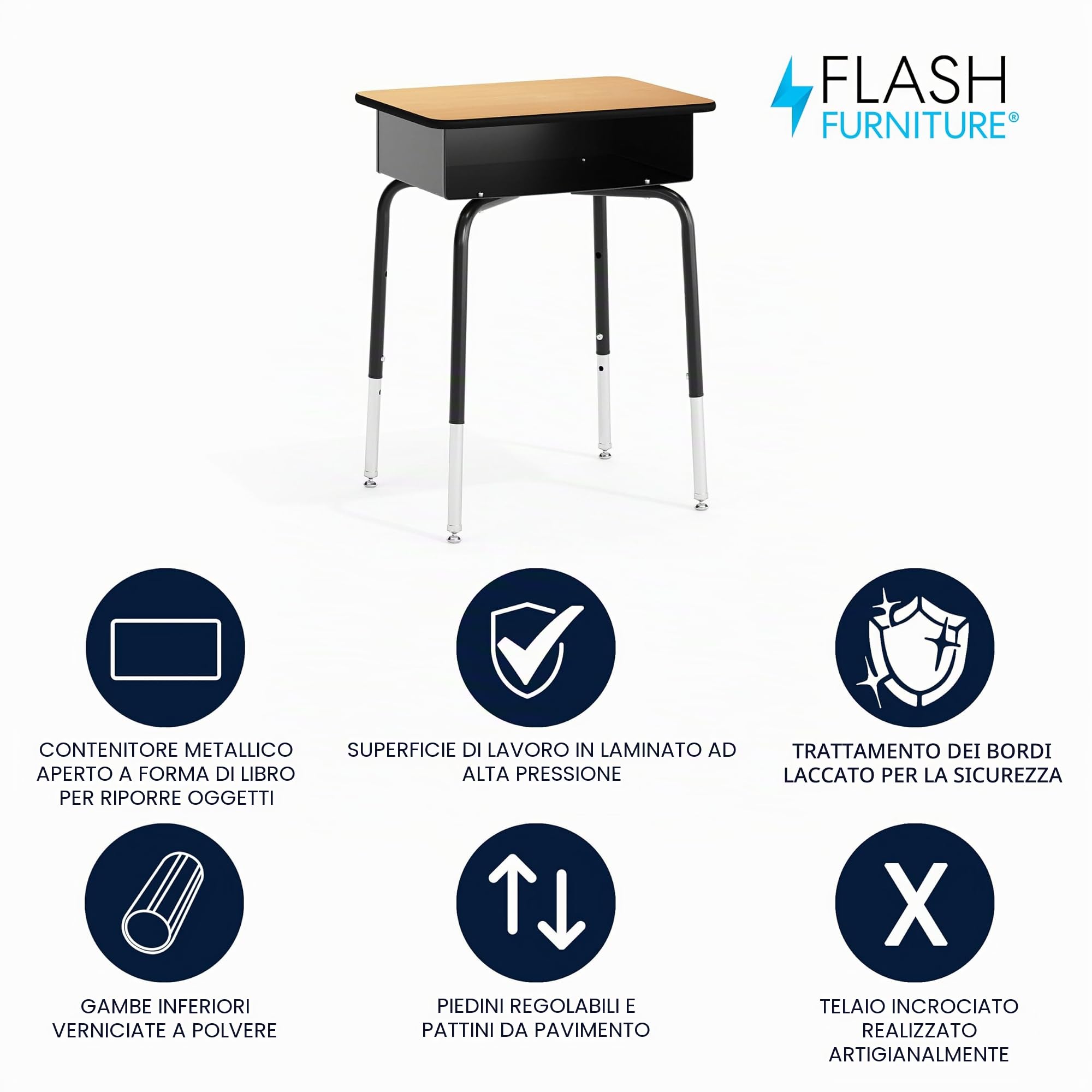 Flash Furniture FD-Desk-GG - Scrivania per Studenti con Scatola Porta Libri in Metallo Aperta Frontale, Colore: Nero