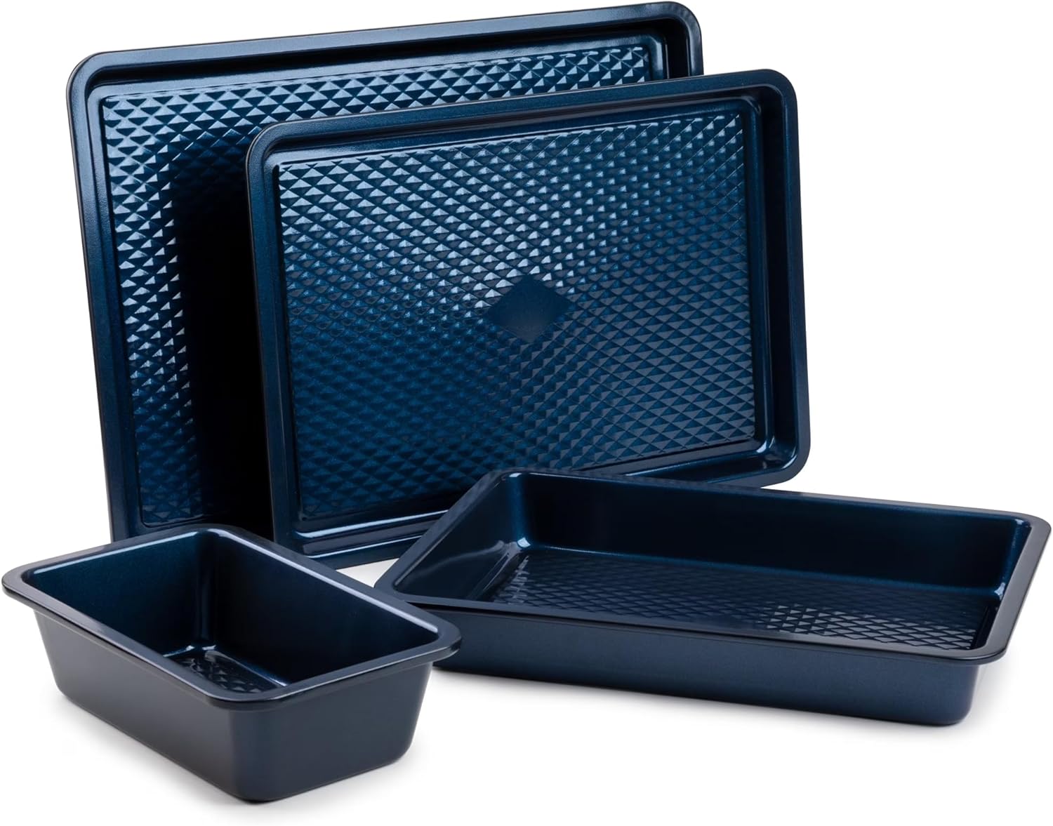 4 Piece Aluminized Steel Nonstick Bakeware Set, Includes Baking Pan, Cookie Sheet, Muffin Pan, and Square Pan, Oven Safe, Dishwasher Safe, Home Baking Cookware Set (Navy)