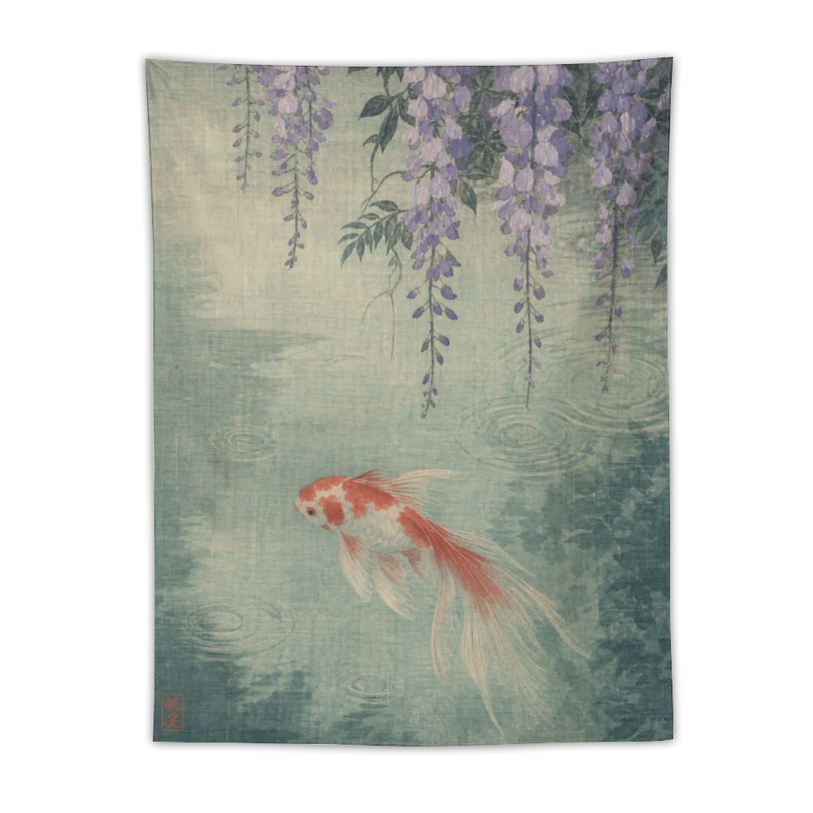 H3B8U2Y5 Red White Koi Fish Wall Tapestry, Ukiyo-e, Soft Asian Watercolor