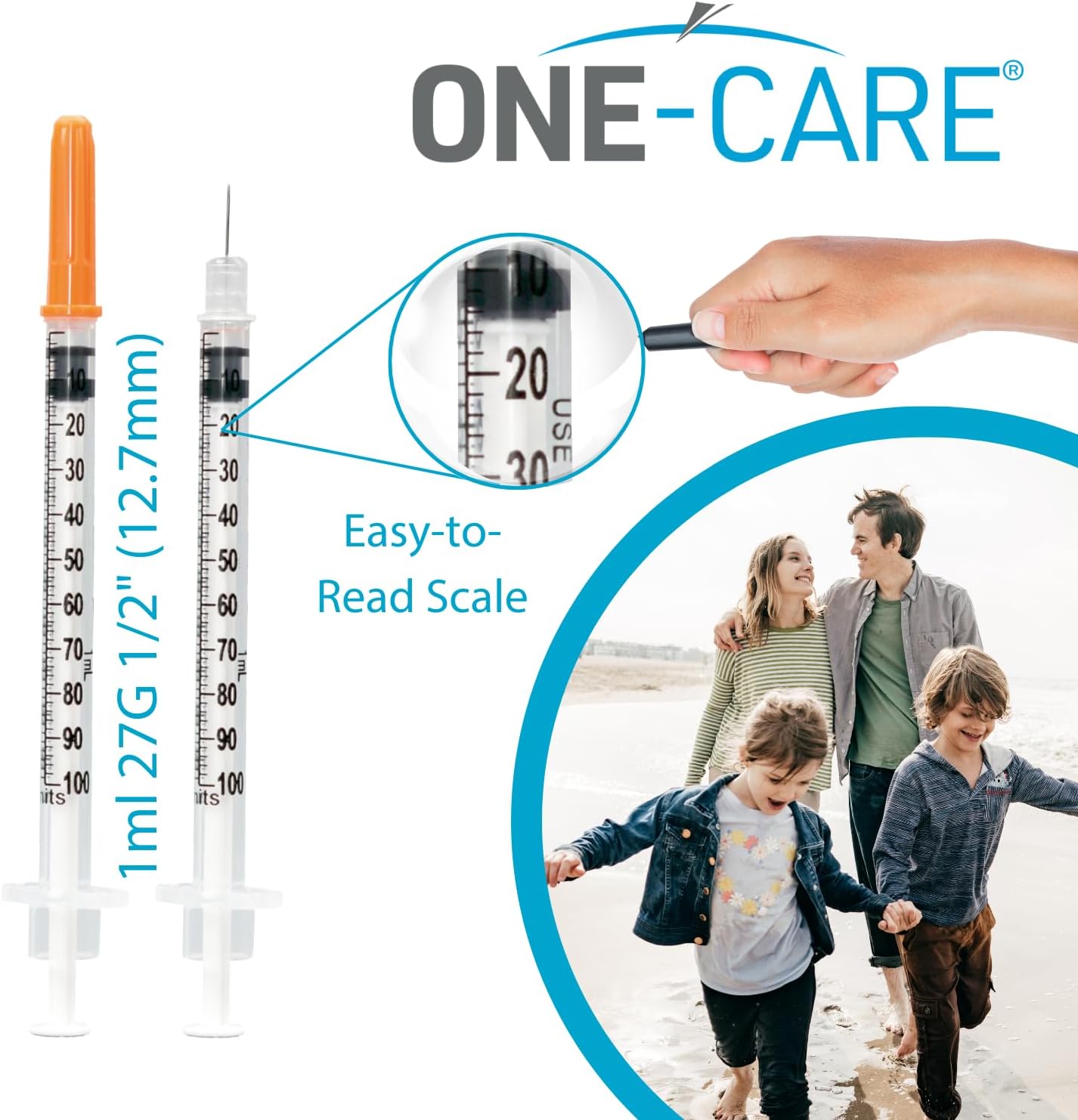 ONE-CARE Syringes 1ml/cc, 27G x 1/2"(12.7mm), Orange Cap, 100/bx