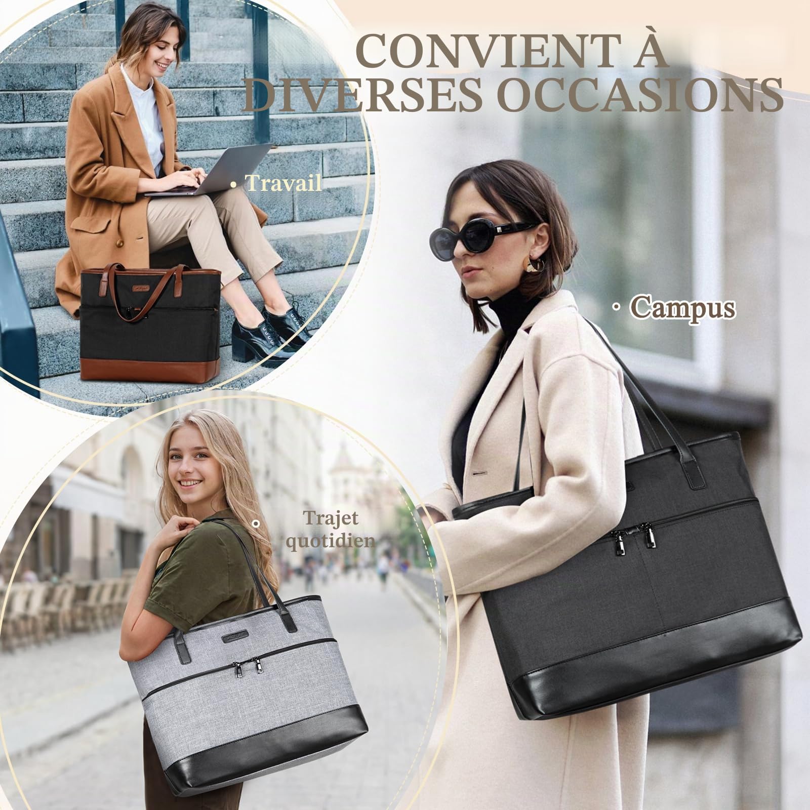 Sac Cabas Femme, Grand 15,6 Pouces Sac Ordinateur Femme Poches Multiples Imperméable Set de Sac Fourre Tout Sac de Cours Lycee avec Pochette pour Travail Affaire Voyage