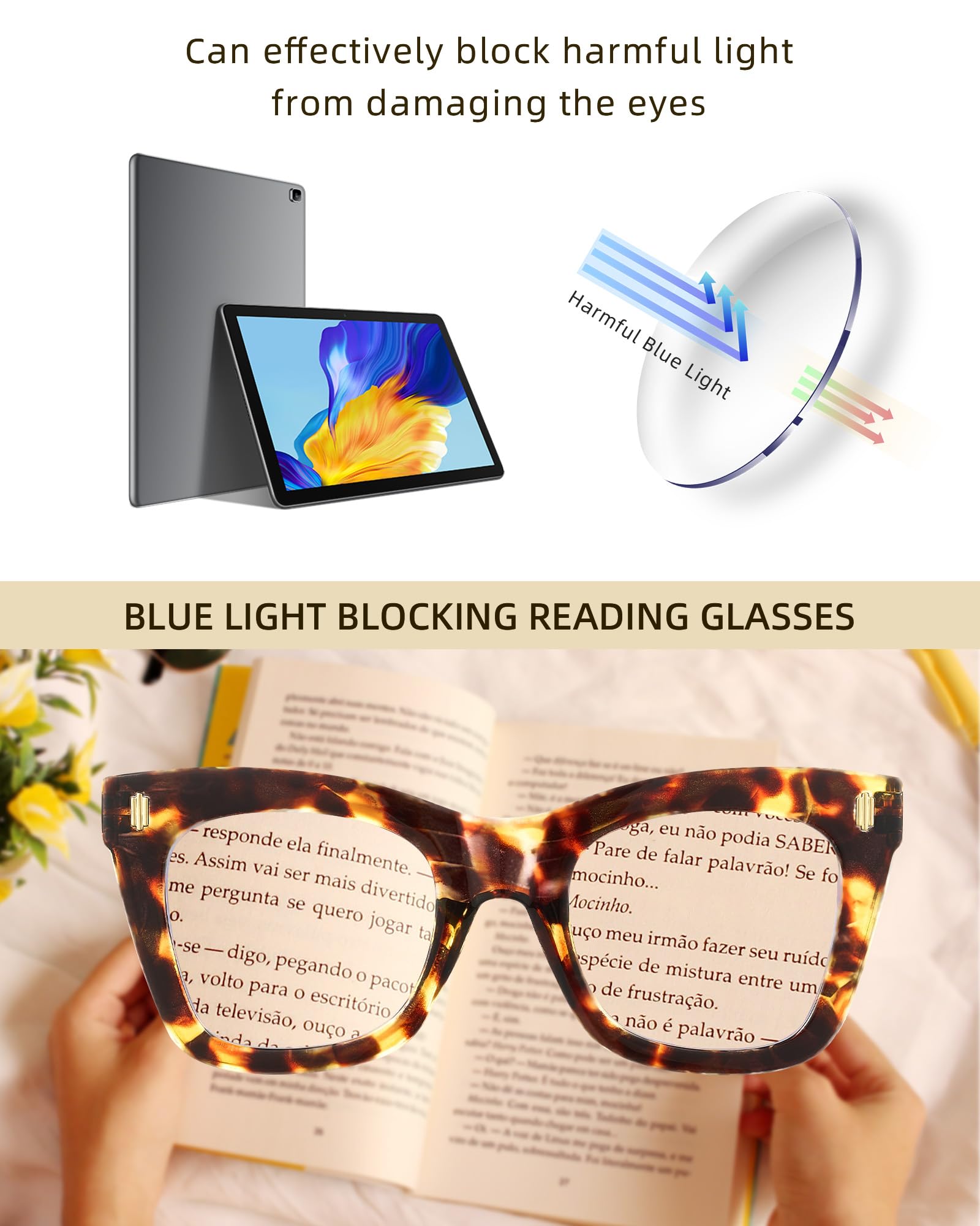 JM 4 Pack Gafas de Lectura para Mujer, Cuadrado Moda Grande Ojo de Gato Gafas Presbicia Luz Azul Lectores