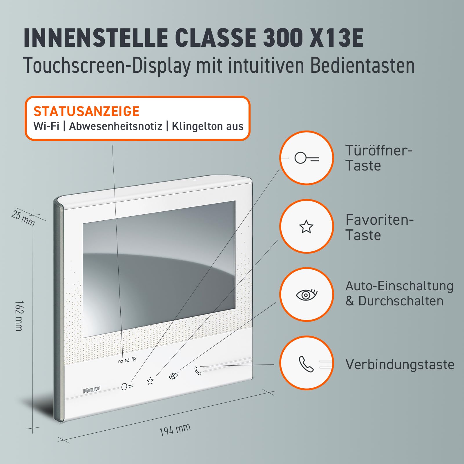 BTICINO, Flex ONE 2-Draht Videosprechanlagen WLAN Set, Classe 300 X13E mit 7" Touchscreen, 105° Weitwinkel Kamera, Video-Speicherung, Transponder Türöffner, schlüsselloser Zugang, IP54, IK10, 363910