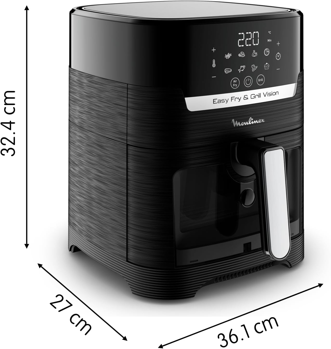 Friggitrice ad aria Moulinex Easy Fry & Grill Vision con dimensioni indicate