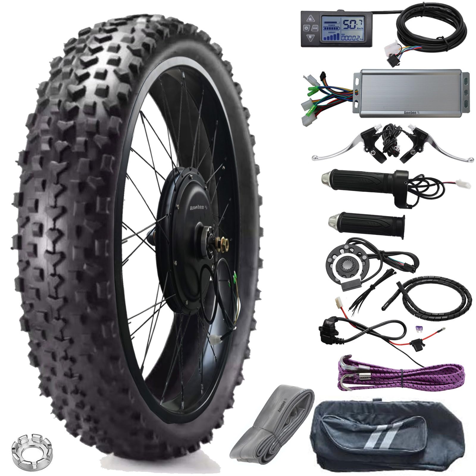 E-Bike Fat Tire Motor Wheel Conversion Kit 20/24/26in Front/Rear Drive Wheel 1kw 48V Power Controller Driver Kit Turn Bicycle to High Power Electric Bike (Black Front Wheel Drive, 26in 1000W 48V)