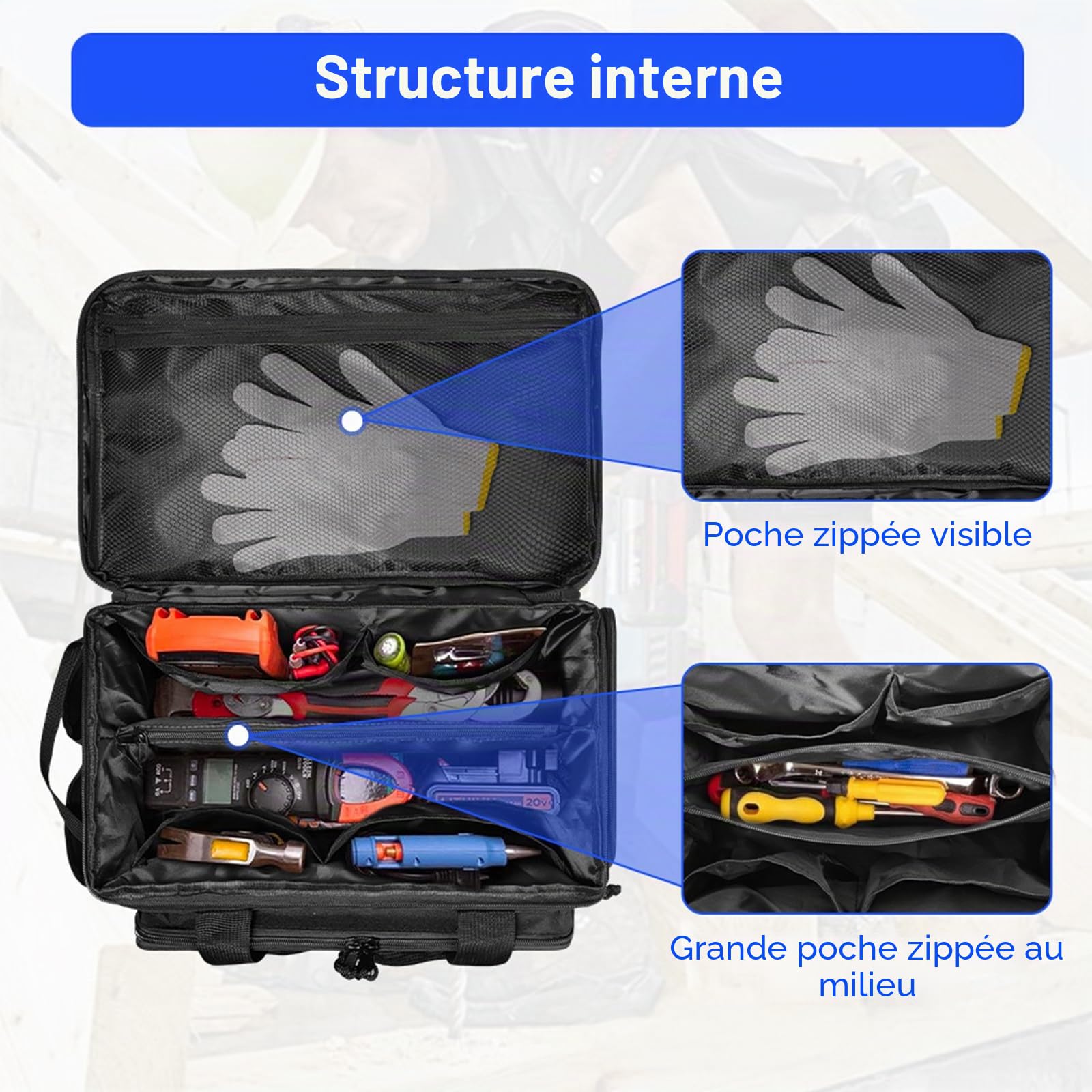 Sac à outils pour homme - Ouverture ouverte - Avec base renforcée