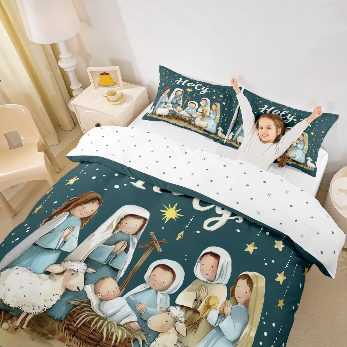 Erosebridal Christmas Decor Bedding Set New Year Night Nativity Scene Duvet Cover Twin, Christmas Tree Comforter Cover Rustic Buffalo Grid Bed Cover(No Cmforter)