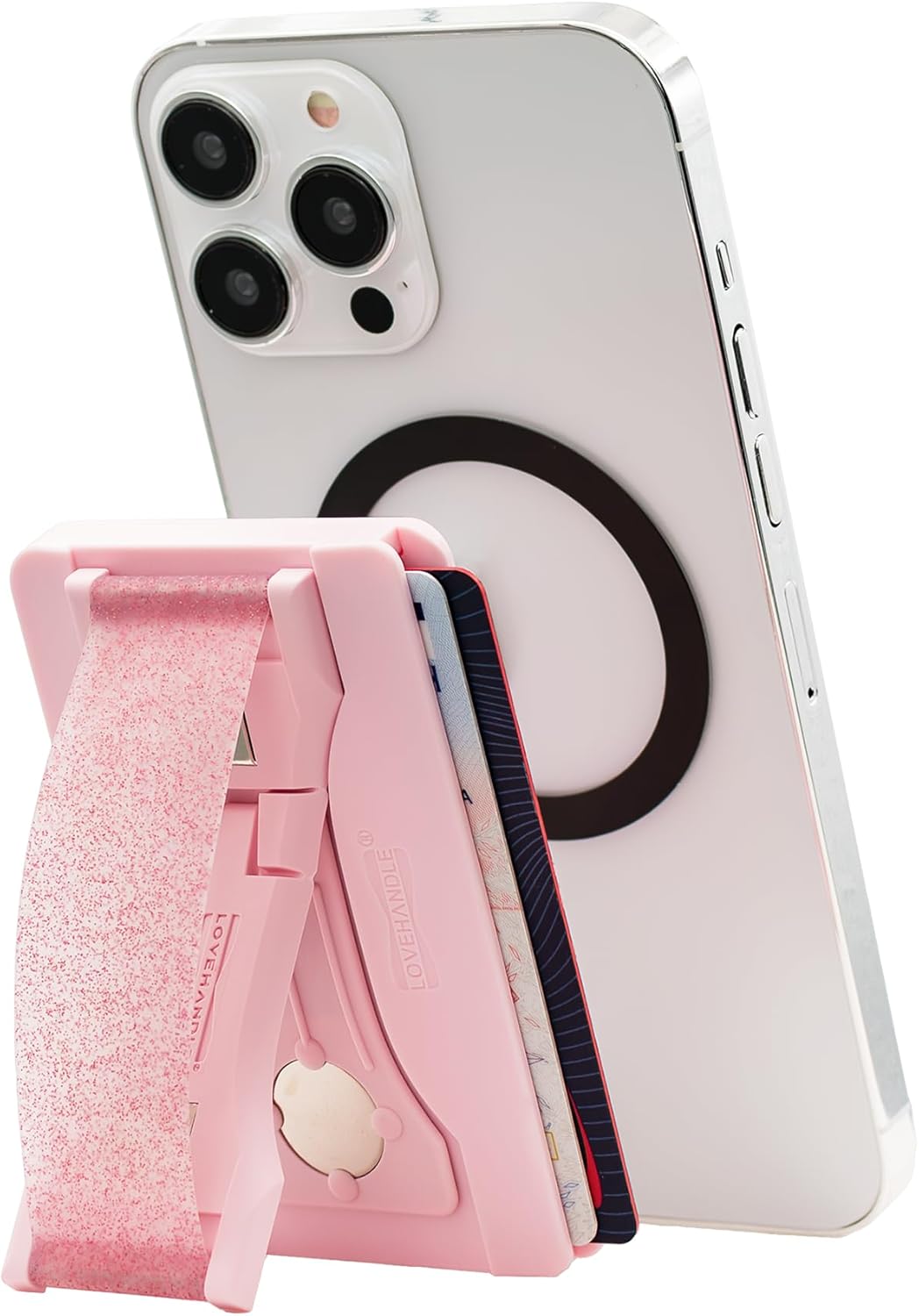 LOVEHANDLE Phone Wallet with Kickstand and Adapter Ring for MagSafe, Phone Card Holder, Wireless Charging Compatible, Wallet Compatible with MagSafe - Pink Diamond Glitter