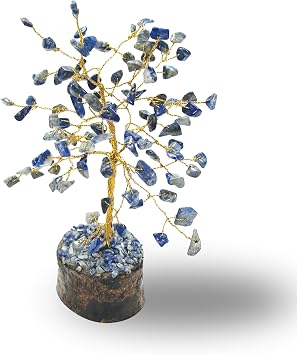 Lapis Lazuli Tree of Life Gemstone Positive Energy Feng Shui Decor for Meditation & Reiki Natural Crystal Tree for Third Eye Chakra, Ideal for Home or Office Blue Geodes on Gold Trunk 7" Tall