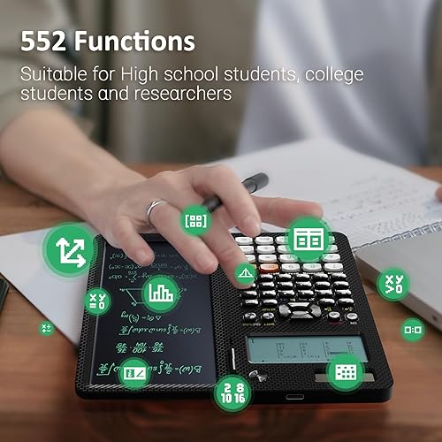 Miniatura 3 de NEWYES Calculadora científica recargable, con tableta de escritura y bolígrafo, 552 funciones para estudiantes y profesionales en matemáticas,
