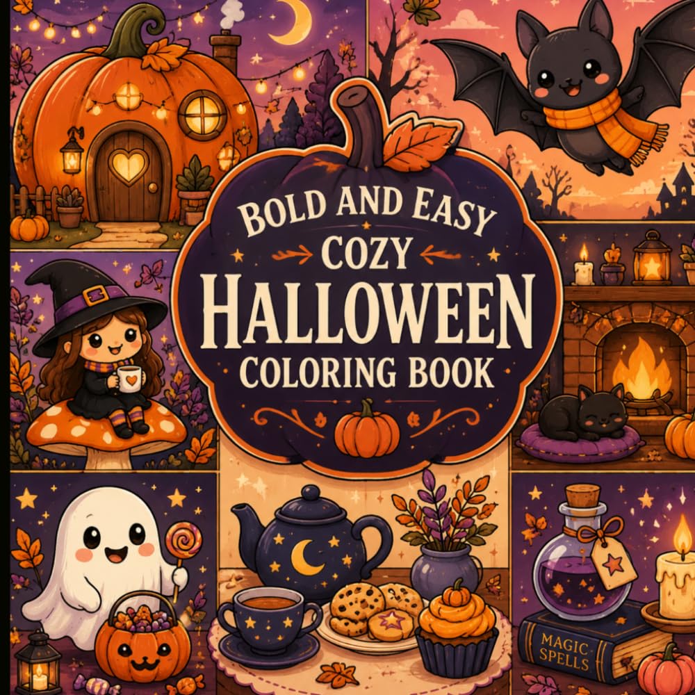 Bold and Easy Cozy Halloween Coloring Book: Cute Spooky Scenes with Pumpkins, Ghosts, Animals, and Autumn Fun.