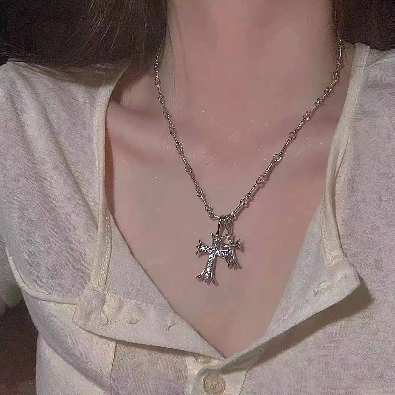Atentuyi Punk Cz Cruz Colgante Collar De Plata Rhinestone Cruz Collar De Doble Cruz Gargantilla Religión Crucifijo Collar De La Cruz Rhinestone Collar De Joyas Para Mujeres Y Niñas