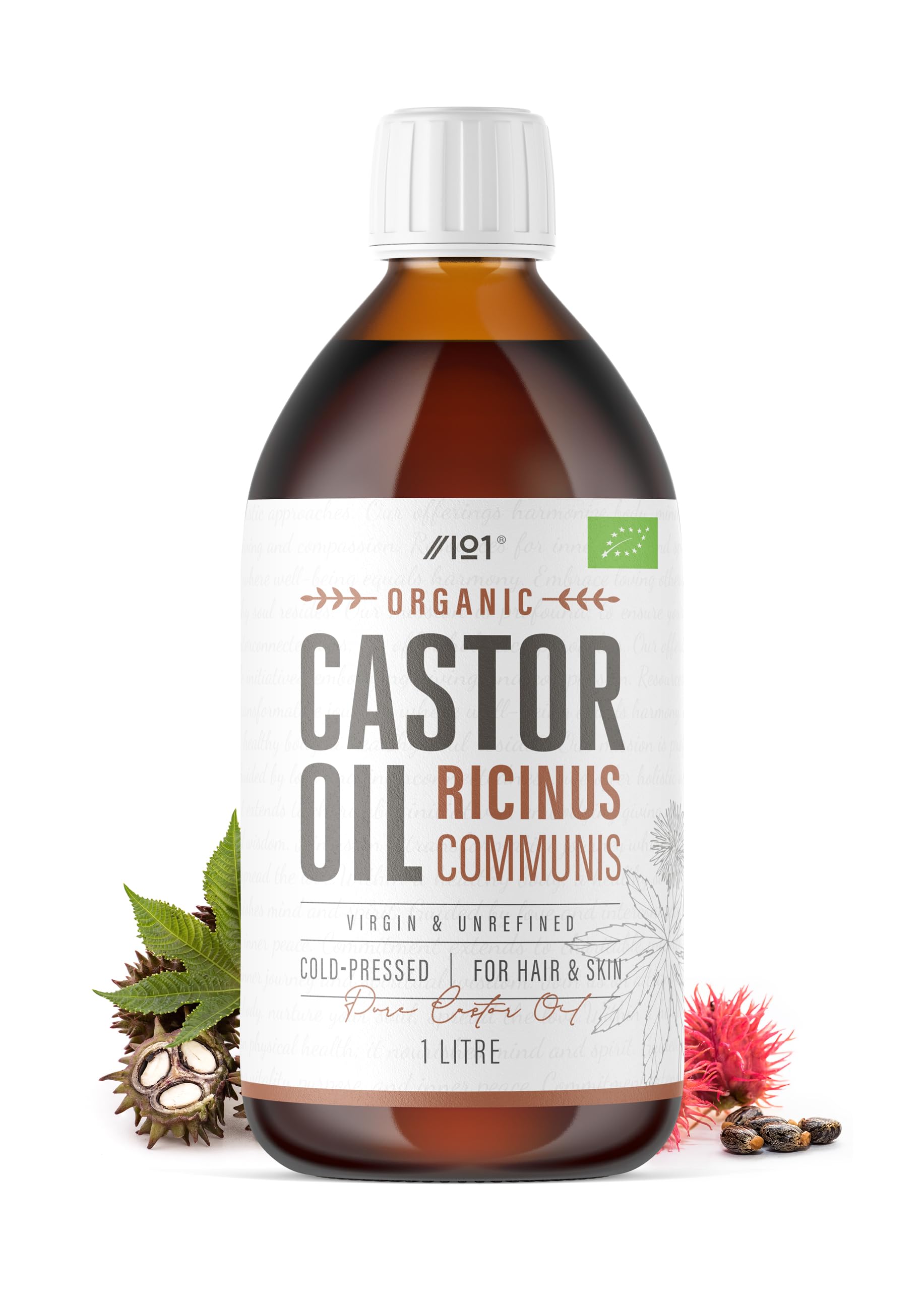 Organic Castor Oil 1 Litre, 100% Unrefind & Cold Pressed, Hexane Free (PET Bottle), for Skin & Hair, Sustainably Sourced