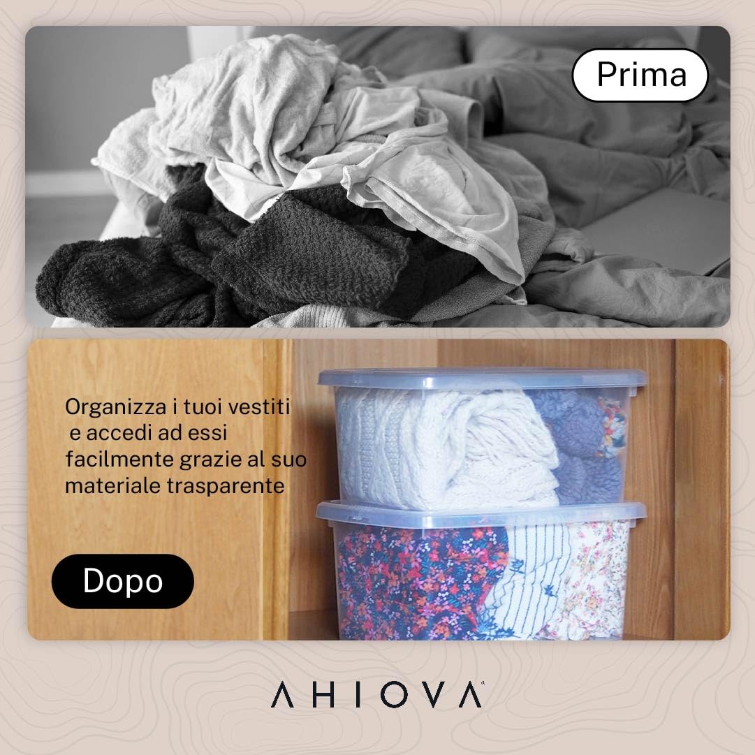 Scatole Plastica 8L con Coperchio Set 5 Portaoggetti Impilabili 100% Trasparenti Click Pressione 33x24x15,5cm Bagno Garage Ufficio Salvaspazio Senza BPA Prodotte Europeo