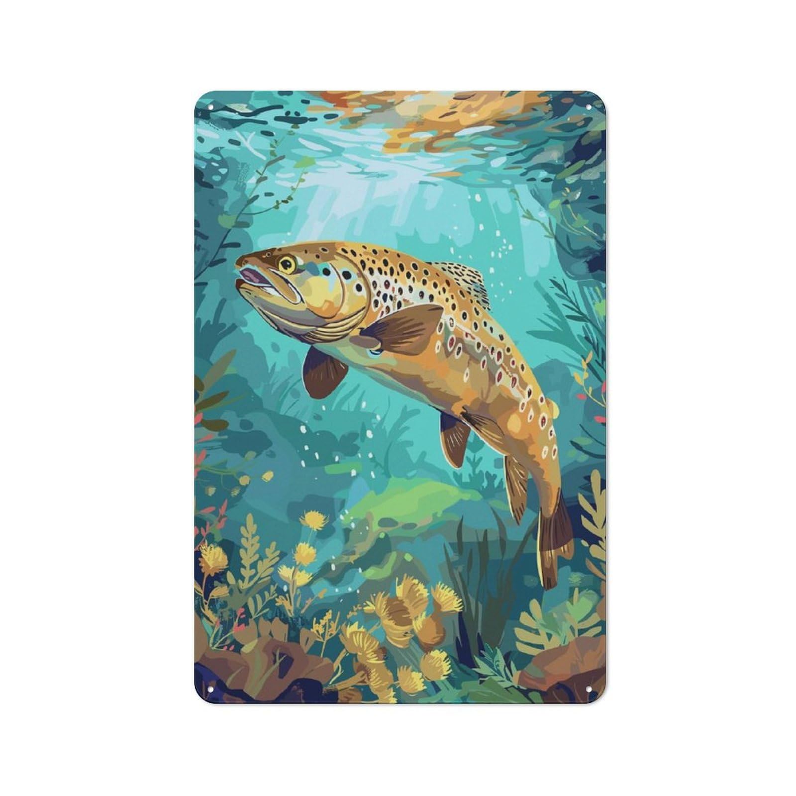 Junmoney Style-13 Tin Wall Plaque 30X20cm With Brown Trout Underwater For Garage Wall, With Clear Vintage Wall Decor Character