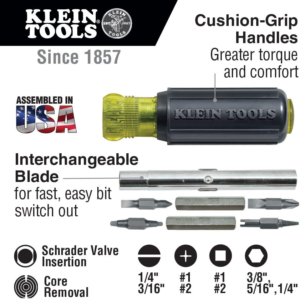 Featured Product Klein Tools 32527 Multi-Bit Screwdriver / Nut Driver, 11-in-1 with Phillips, Slotted, Square, and Schrader Bits and Nut Drivers