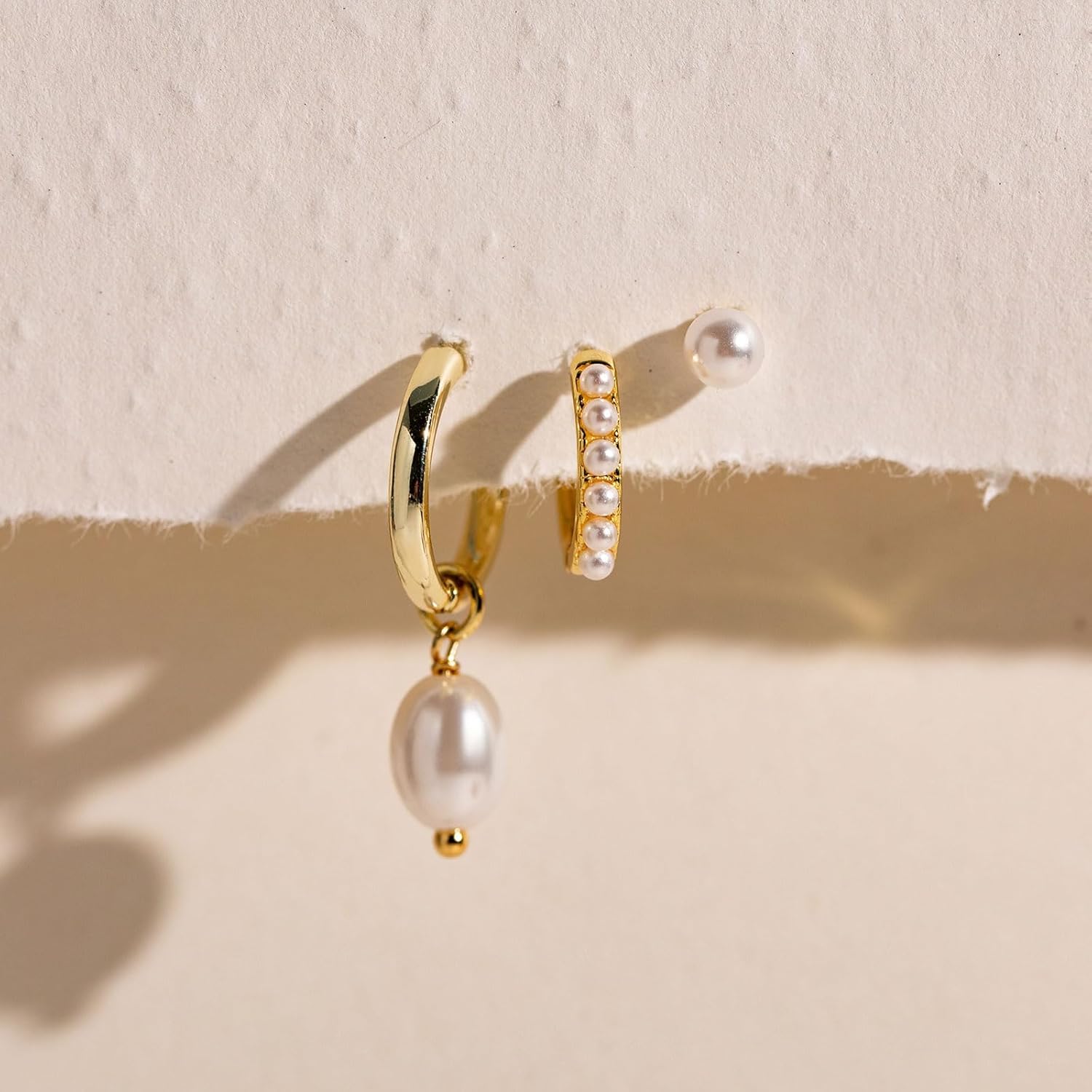 VRIUA 3 Pairs Gold Earrings Set - 14K Gold Plated Stacks Earring Bow Pearl Butterfly Heart Clover Star Moon Diamond Starburst Huggie Hoop Earrings for Women Trendy Jewelry - Image 6