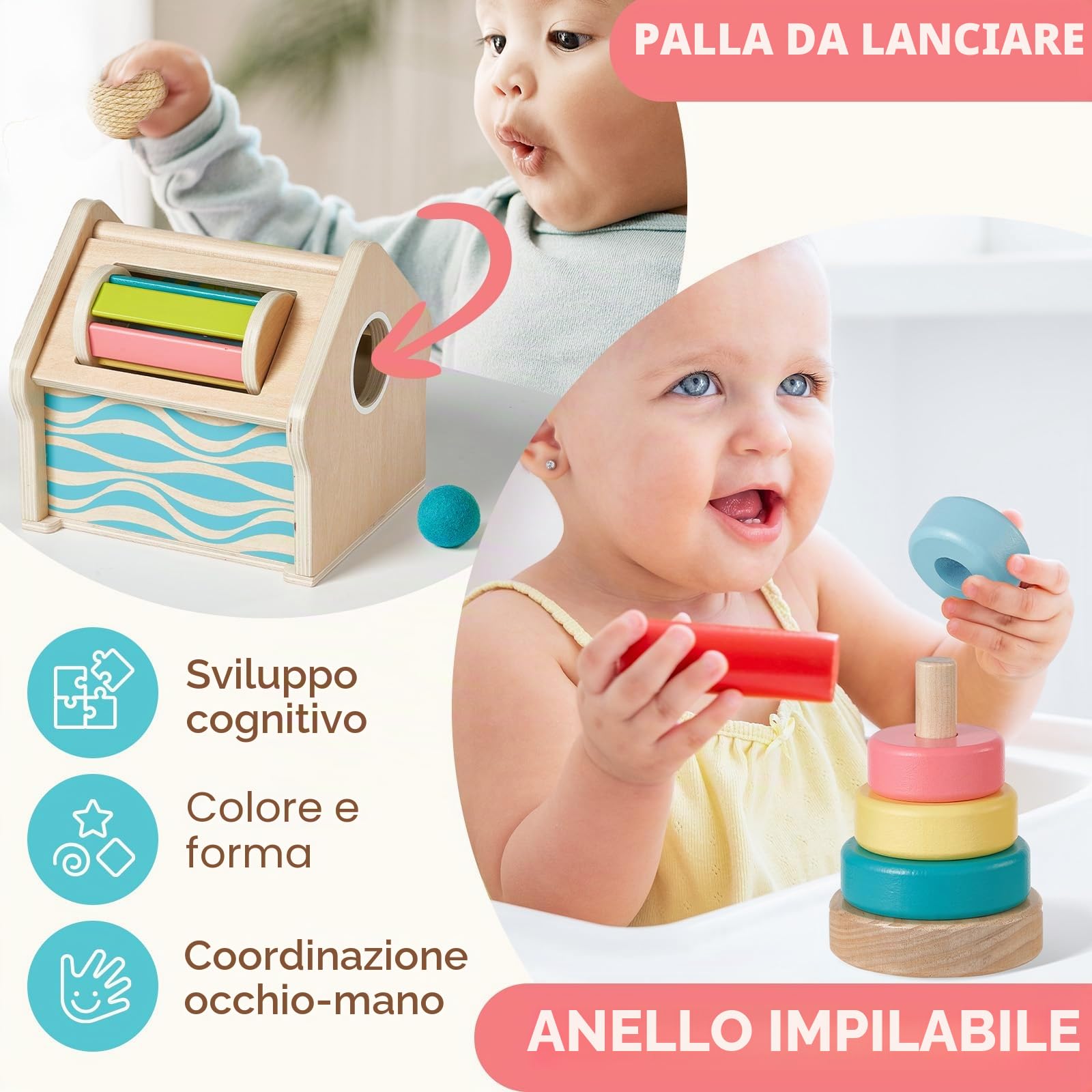 Giant bean Montessori giocattolo a partire dai 6 ai 12 mesi, giocattolo Montessori, torre impilabile, giocattolo sensoriale, puzzle a specchio, scatola permanente per oggetti, regalo per bambini dai 6