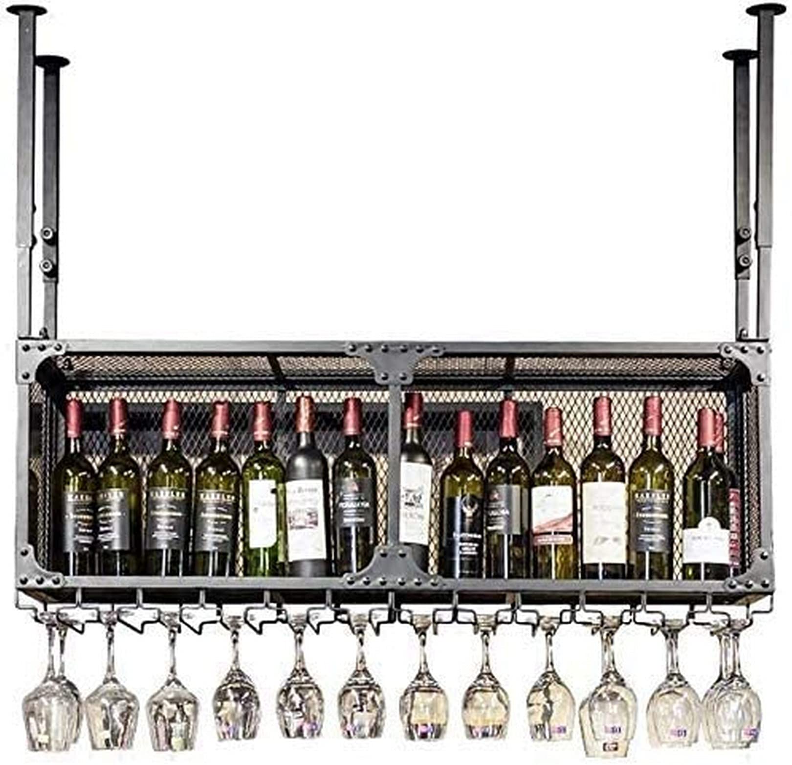 Casier à vin suspendu 80cm en fer noir avec support verre inversé pour cuisine