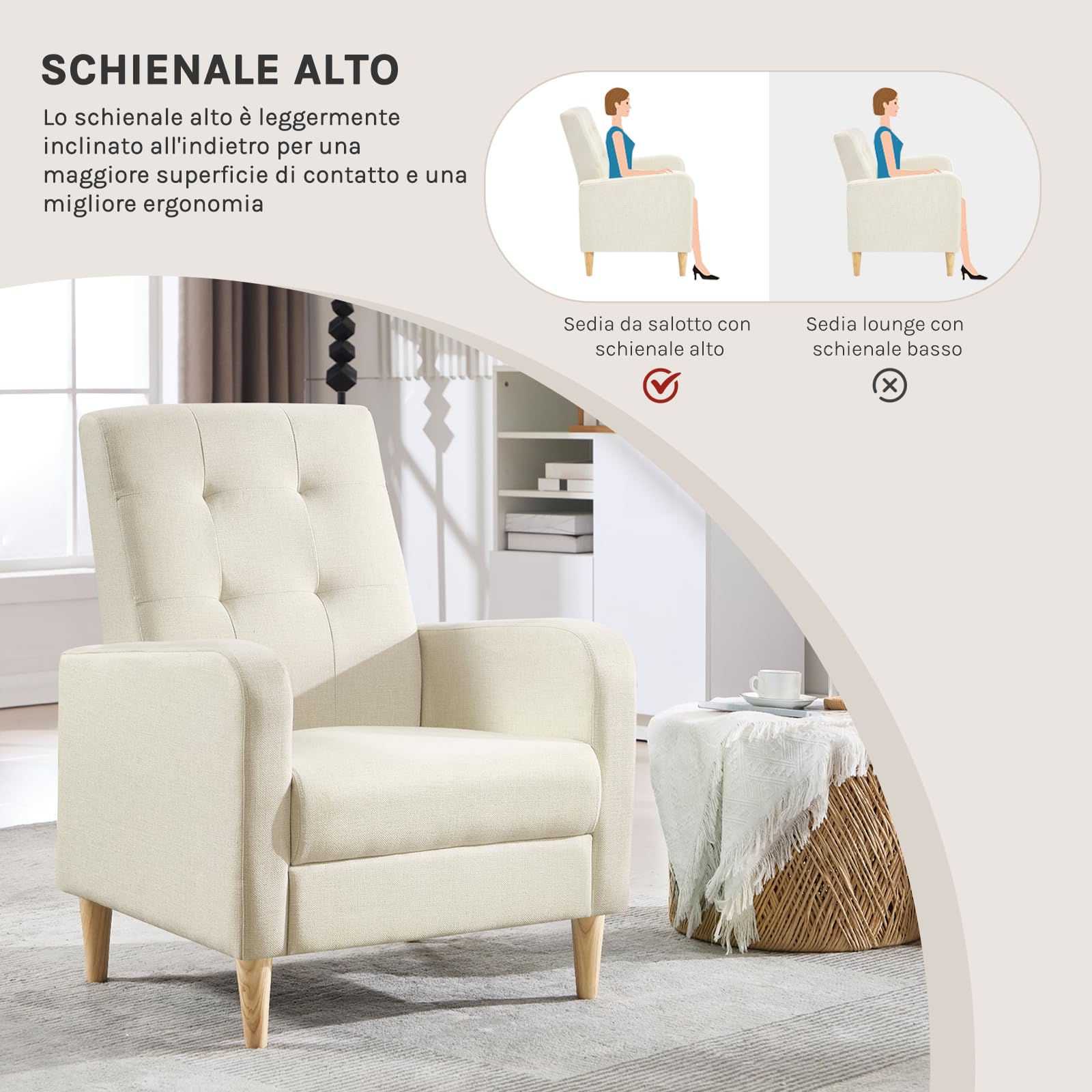 WOLTU Poltrona da Salotto, Poltrona Relax con Schienale Alto, Sedia di Relax con Pieno Legno Massello Piedi, Seduta Imbottita, Rivestimento in Lino, per Salotto, Ufficio, Beige, SKS41be