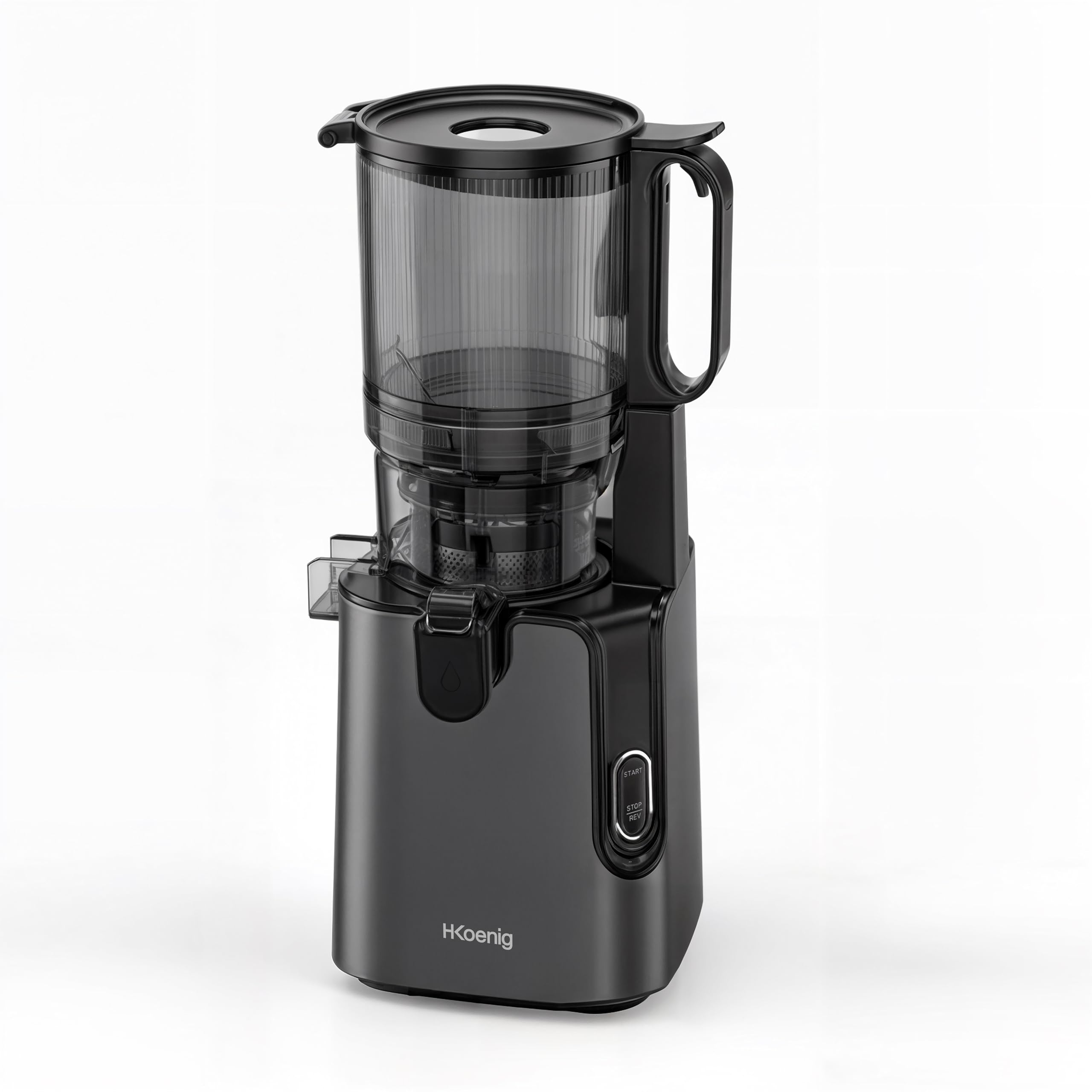 H.Koenig GSX26 - Estrattore di succo con apertura ampia 135 mm, frutta e verdura, senza BPA, estrazione lenta 50 giri/min, acciaio inossidabile, silenzioso, 250 W, antigoccia, nero