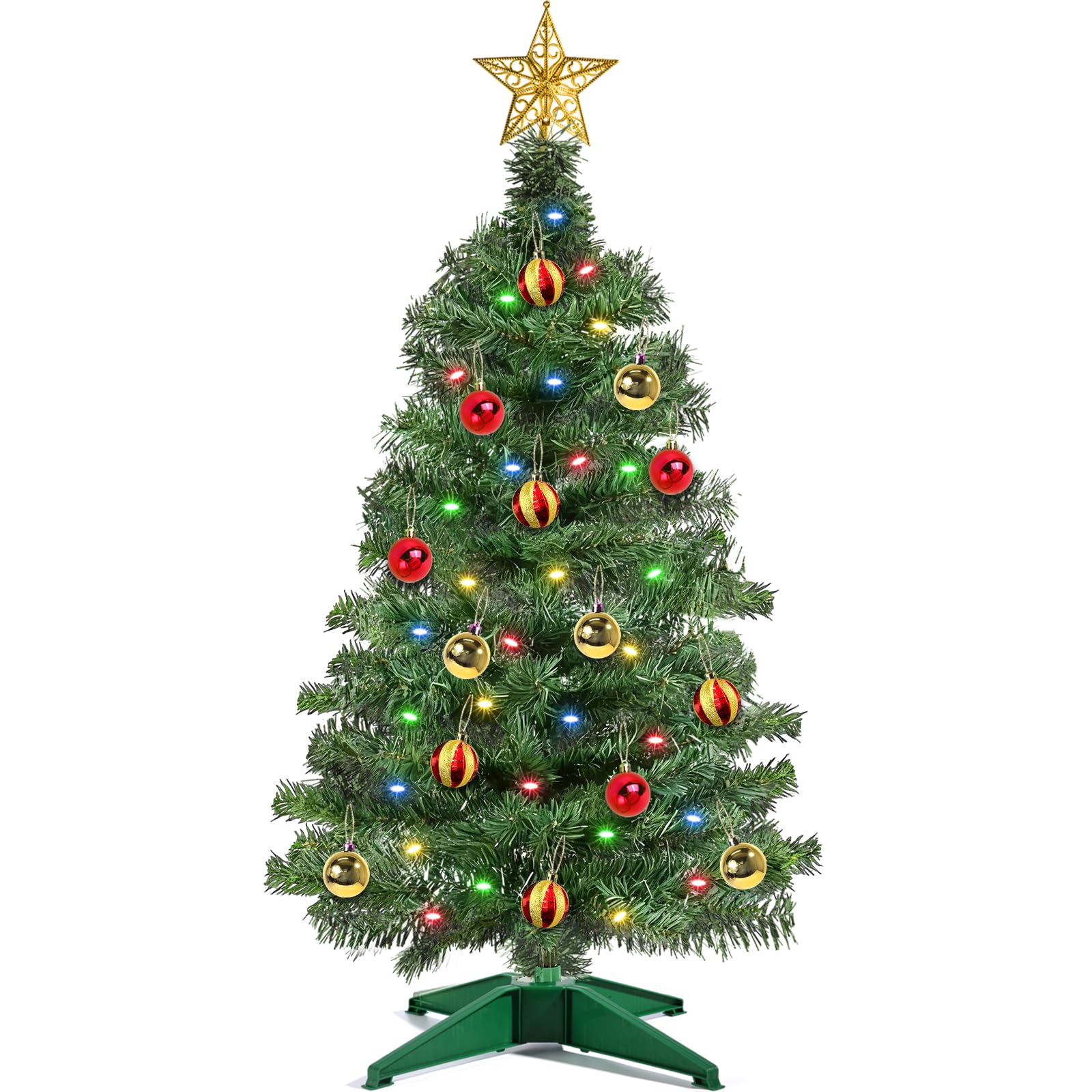 [ 12 Modes & Remote Control ] 3 Ft Christmas Tree with Timer 50 Four Color LED Lights DIY 15 Ball Ornaments Star Artificial Xmas Tree Indoor Outdoor