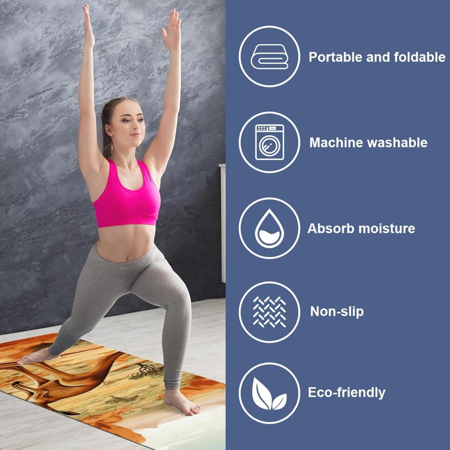 Yoga Towel, Kangaroo Pattern Non Slip Sweat Absorbent Hot Yoga Mat Towel for Hot Yoga, Pilates and Fitness - 72.8" x 26.8"