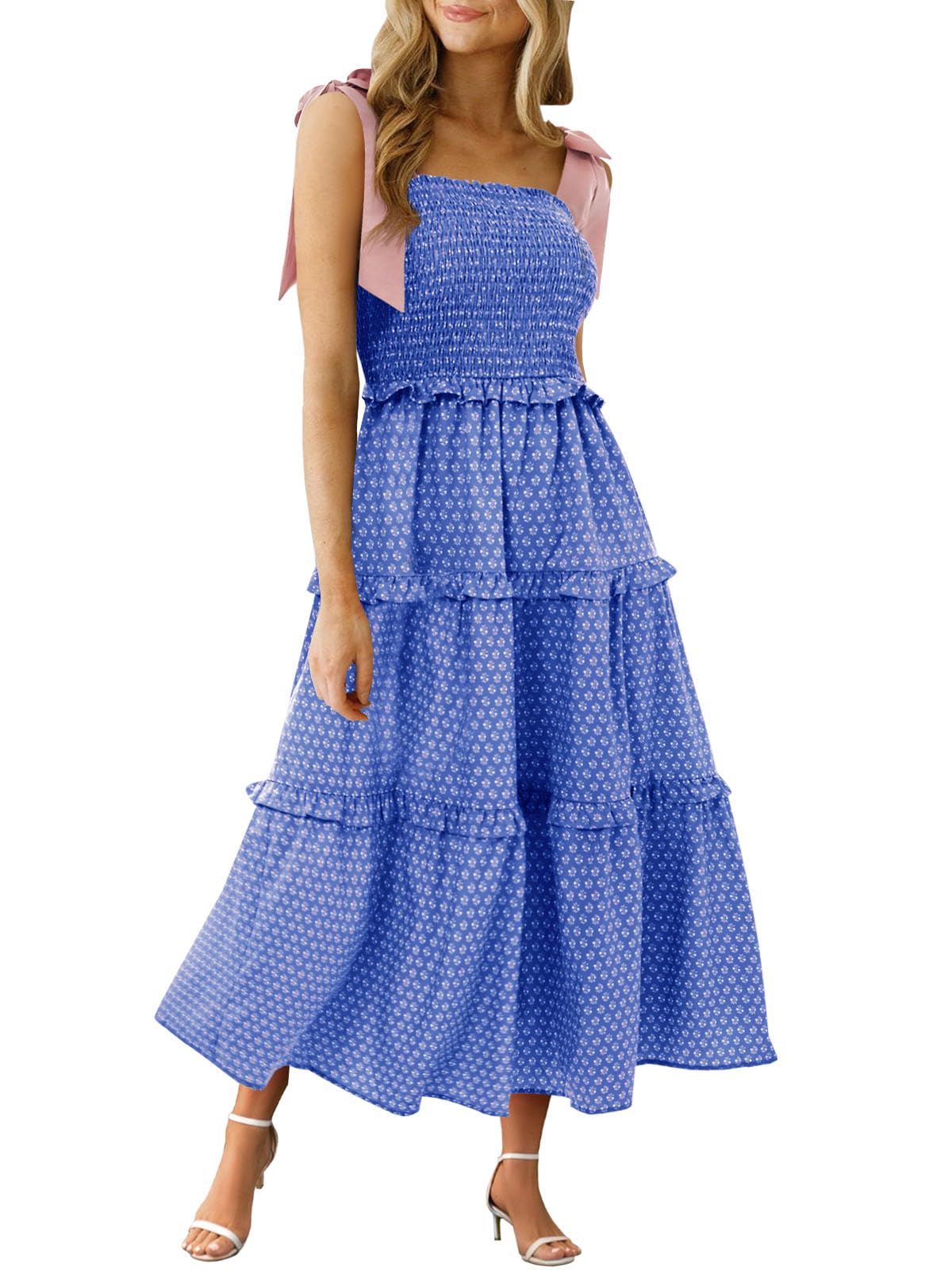 Wenrine Women Summer Floral Maxi Dress Smocked Boho Sleeveless Ruffle Dress