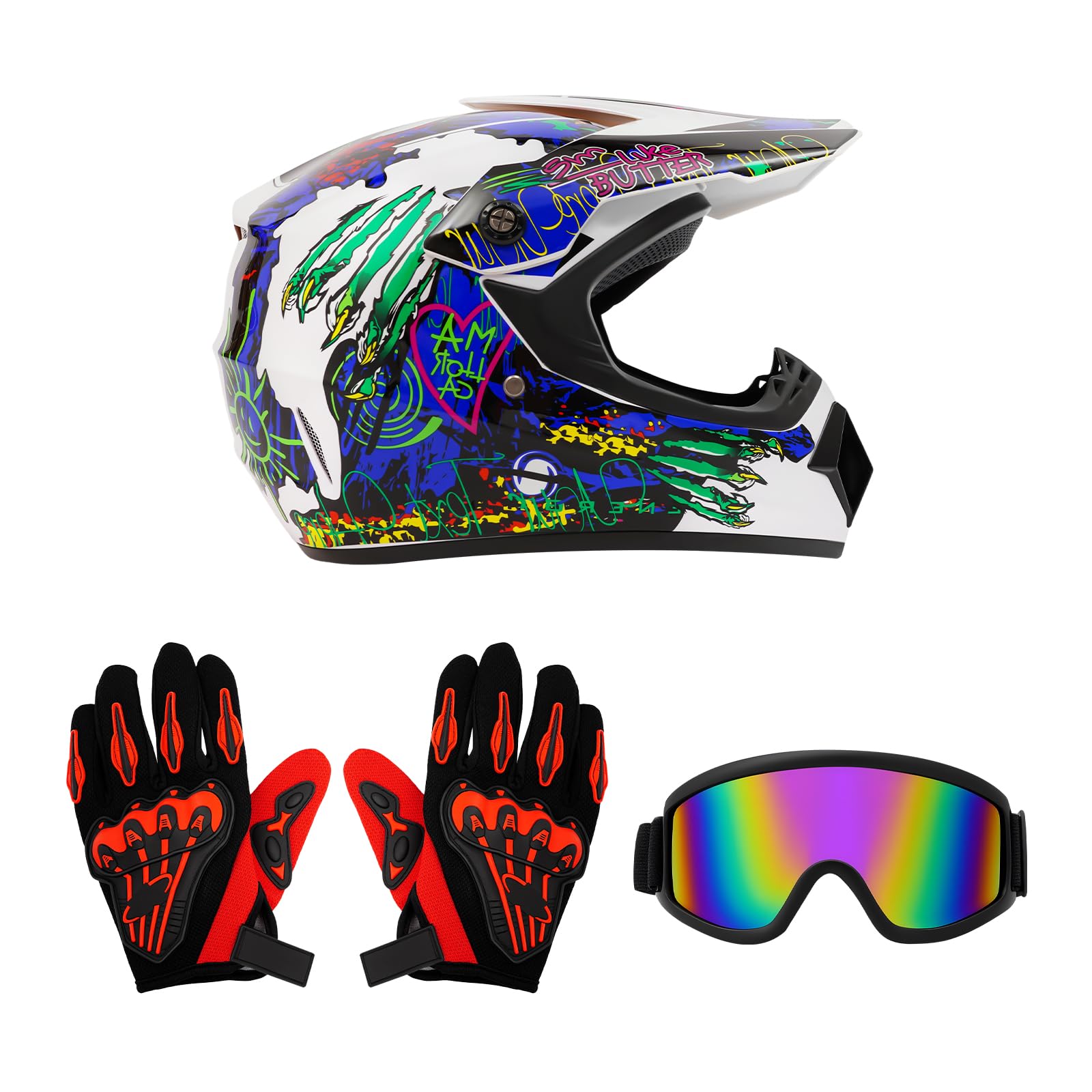 Motorradhelm Set Integralhelm mit Schutzbrille & Handschuhen L