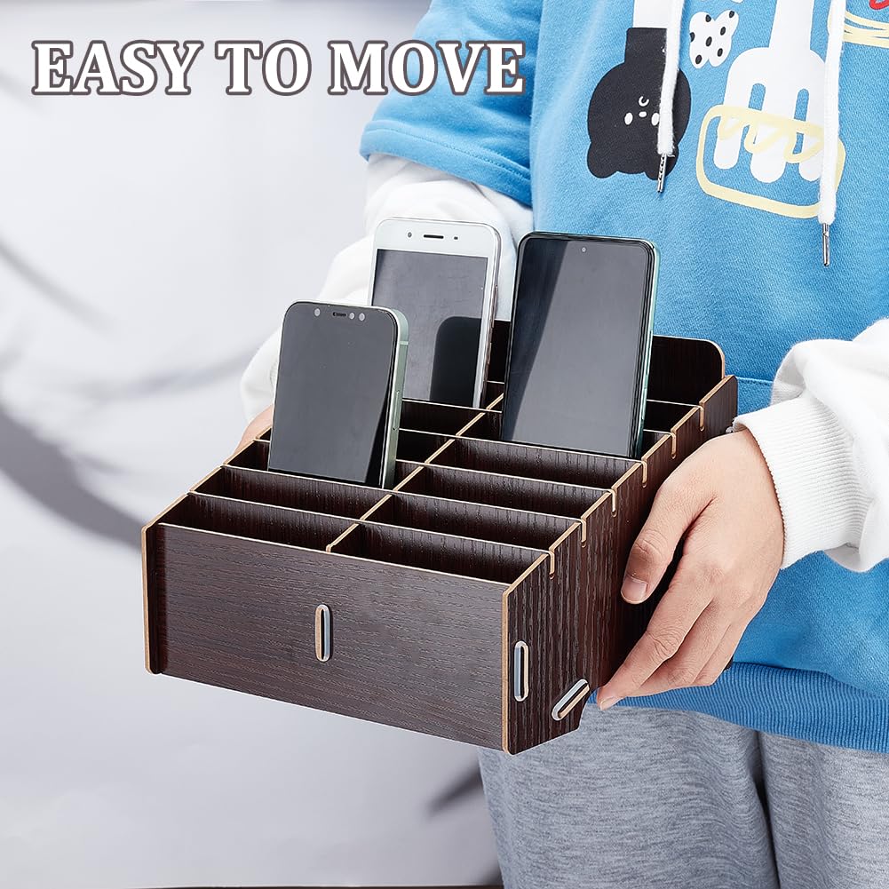 BENECREAT 14 Compartment Detachable Wooden Mobile Phone Storage Box, Coconut Brown Mobile Phone Storage Box - Image 3