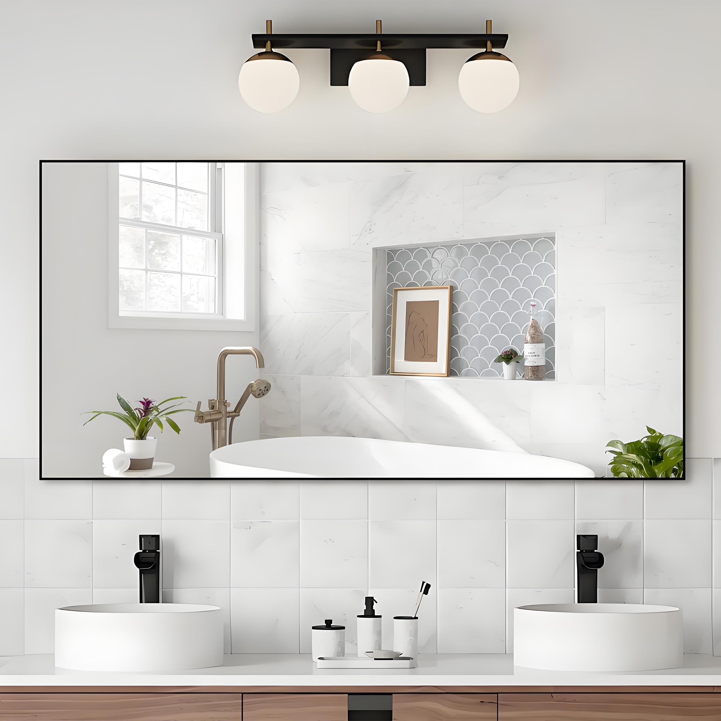 ANYHI 48 x 24 Inch Black Framed Bathroom Mirror for Wall, Modern Rectangle Wall Mirror for Bathroom Entry Bedroom Living Room, Bathroom Vanity Mirror