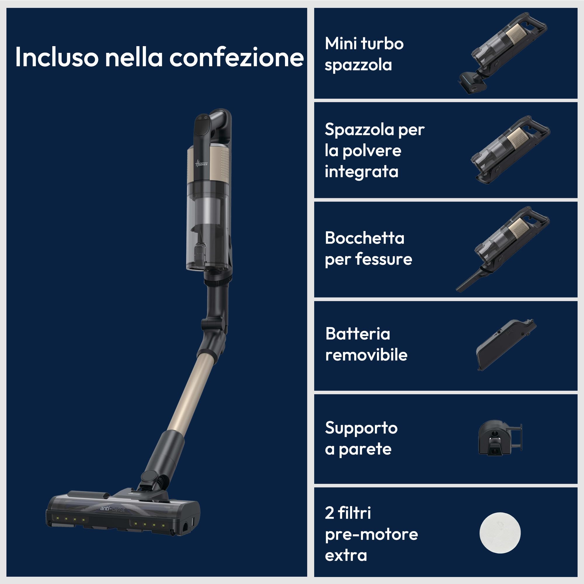 Hoover HF3 CORE Pet Flexi Aspirapolvere Senza Filo con tubo flessibile, fino a 110 AW, autonomia 60 minuti, Anti-Twist, spazzola All Floor a doppio bordo, QuickPark, Mini Turbo Spazzola [HF3CZ10PX]