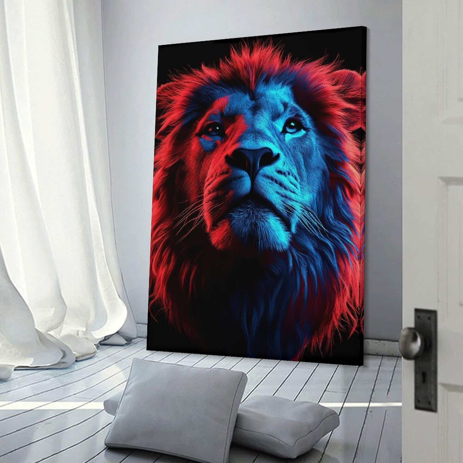 Junmoney Wall Decor Canvas Print Lion Portrait in Red And Blue, 24x36inch(60x90cm), for Study, Office Or Apartment Decor, Canvas Artwork with Gifting Potential