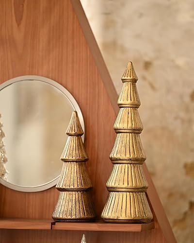 WONDROUS' DECO Christmas Tree Figurine Gold Wooden, Tree Figurines Decorative for Tabletop, Small Glittered Golden Xmas Trees Figurines for Christmas Mantle Indoor Decor - Antique Gold - Set of 2