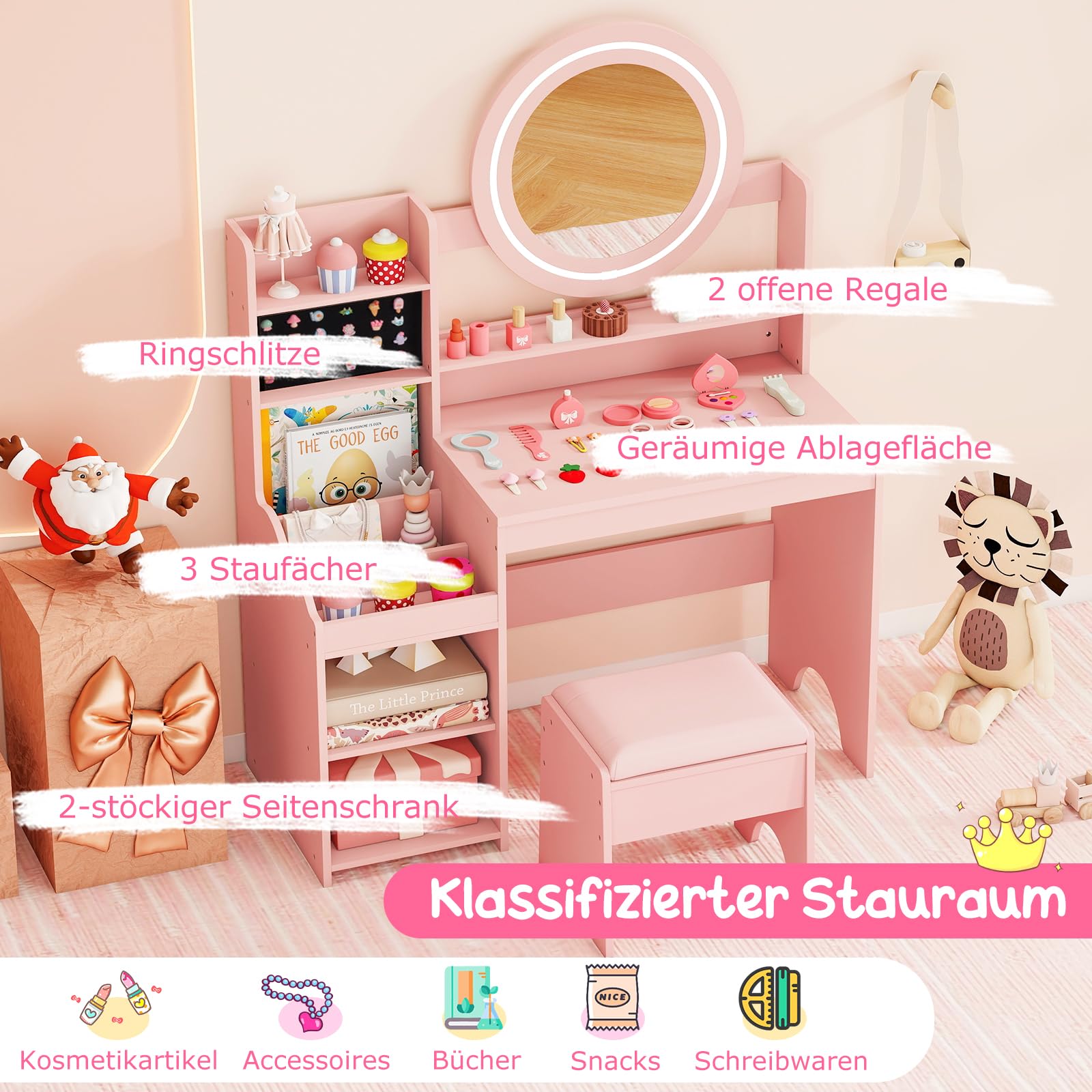 COSTWAY Kinder Schminktisch mit Beleuchtung, Kinderschminktisch mit Spiegel, Regalen & gepolstertem Hocker, Prinzessin Frisiertisch aus Holz, Schminkkommode für Mädchen ab 3 Jahren (Rosa)